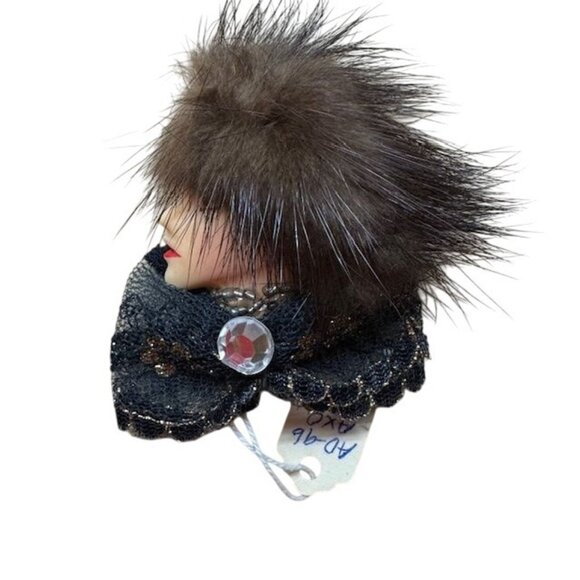 Vintage Faux Fur & Lace Face Brooch With Rhinestone Accent Pin - Picture 1 of 7